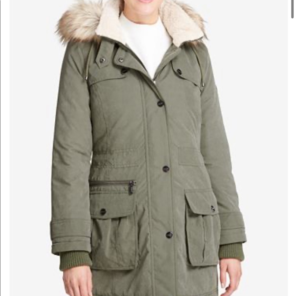 DKNY Faux Fur Trim Anorak Parka